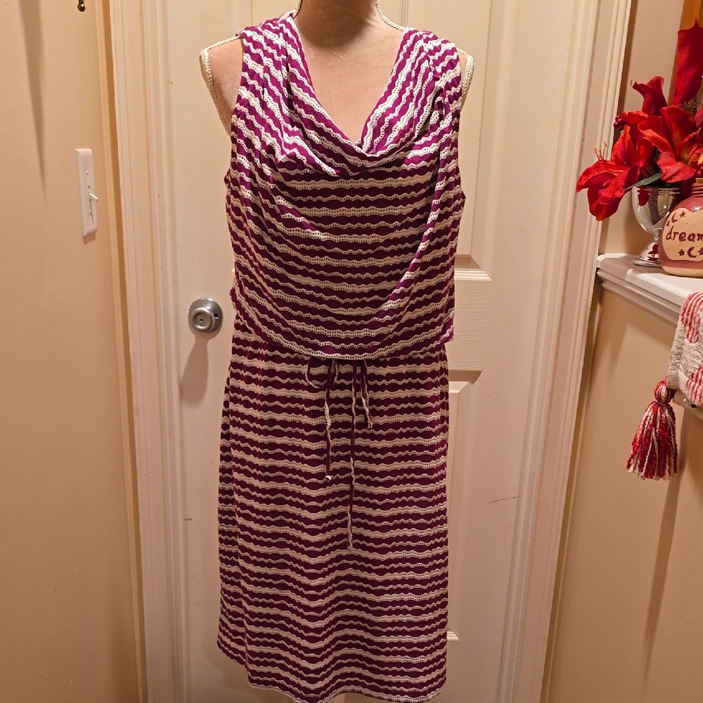 Nina Leonard Purple and White Wave Pattern Midi Dress
